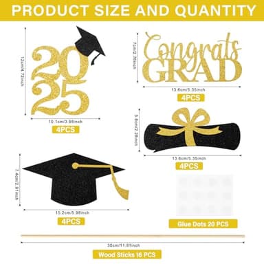Graduation Decoration 2025, 16 PCS Gold and Black Double Sided Sparkling Graduation Centerpieces Sticks for Table, Class of 2025 Graduation Party Decorations, Table Toppers Set of 4 - Image 4
