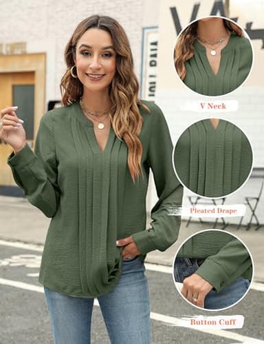 Blooming Jelly Women's Dressy Casual Blouses Business Work Tops Trendy Long Sleeve V Neck Flowy Pleated Shirts 2025 Fall Outfits (Army Green,Medium) - Image 2