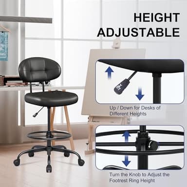 Misolant Drafting Chair Without Arms, Tall Office Chair with Footrest Ring for Standing Desk, Small Faux Leather Executive Office Chair with Adjustable Height for Bar Lab Counter Height Desk, Black - Image 5