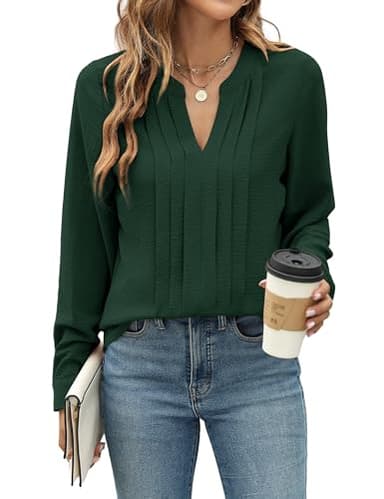 Blooming Jelly Women's Dressy Casual Blouses Business Work Chiffon Tops Trendy Long Sleeve V Neck Pleated Shirts 2025 Fall Outfits (Dark Green,Large) - Image 1