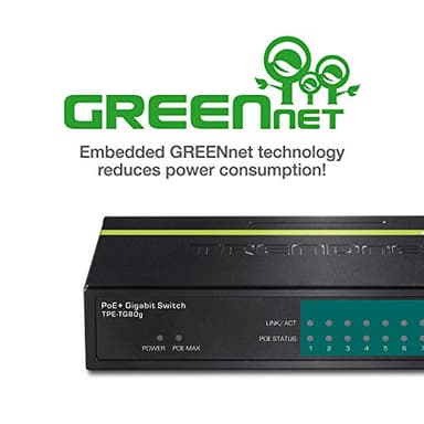 TRENDnet 8-Port Gigabit PoE+ Switch, TPE-TG80G, 8 x Gigabit PoE+ Ports, 123W PoE Power Budget, 16 Gbps, Ethernet Splitter, NDAA & TAA Compliant, Metal, Lifetime Protection, Black - Image 5