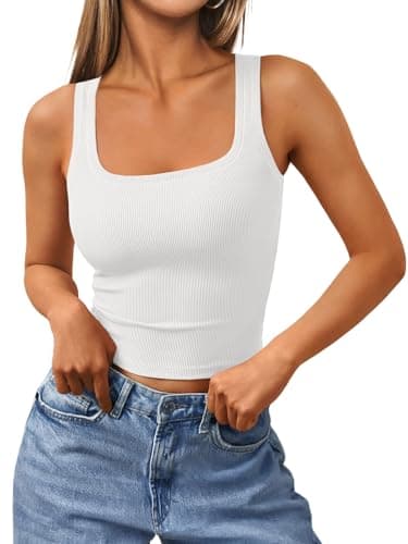 Trendy Queen Women's Summer Square Neck Tank Tops Workout Cropped Ribbed Summer Camisole Sleeveless Clothes 2025 White L - Image 1