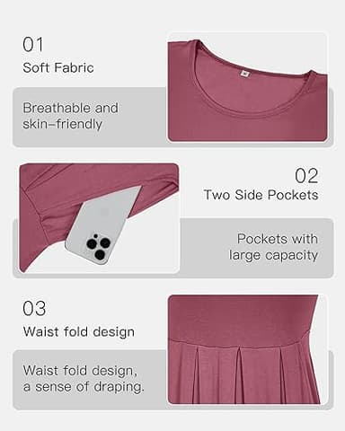 AUSELILY Women's Short Sleeve Summer Dress Pleated Loose Swing Knee Length Dresses with Pockets 2025 New Mauve S - Image 2