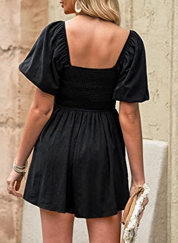 AlvaQ Womens Rompers for Summer 2025 Puff Sleeve Square Neck Casual Spring Flowy Romper Shorts Jumpsuit with Pocket Teen Beach Vacation Outfits,Black,Medium - Image 4