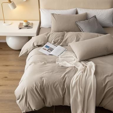 JIYUAN 100% Washed Cotton Duvet Cover Set 3 Pieces Queen, 1 Duvet Cover 90x90 Inches(Comforter Not Included) and 2 Pillowcases,Linen Feel Bedding Set Comfy and Breathable, Heathered Tannish Linen Grey - Image 2