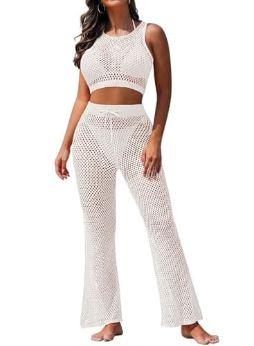 Pink Queen Women's Summer Outfit Set 2 Piece Knit Tank Top Beach Cover up Pants White White M - Image 1