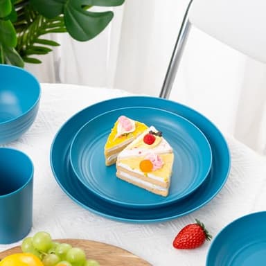 LIYH 48 Pcs Blue Wheat Straw Dinnerware, Plates and Bowls Set, Camping Dish Set for 12, Plastic Dinnerware Set, Dishwasher Safe Dinnerware Set, Unbreakable Plastic, Camper Dish Sets - Image 6