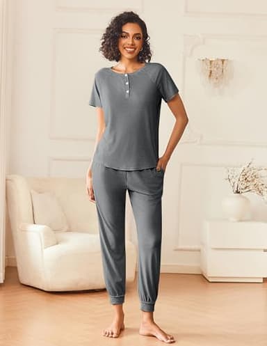 Ekouaer Womens Pajama Sets 2 Piece Pjs Short Sleeve Lounge Sets Joggers Pants Sleepwear Soft Outfits,XL - Image 2