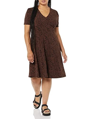 Amazon Essentials Women's Short Sleeve V-Neck Gathered Fit and Flare Dress, Dark Toffee Brown Cheetah, Medium - Image 1