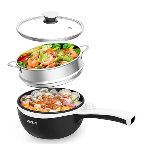 Dezin Hot Pot Electric with Steamer Upgraded, Non-Stick Sauté Pan, Rapid Noodles Electric Pot, 1.5L Mini Pot for Steak, Egg, Fried Rice, Ramen, Oatmeal, Soup with Power Adjustment - Image 1