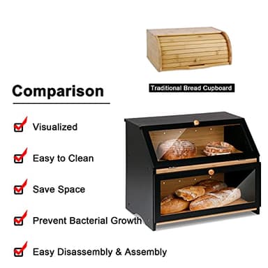 HOMEKOKO Double Layer Large Bread Box for Kitchen Counter, Wooden Large Capacity Bread Storage Bin (Black) - Image 3