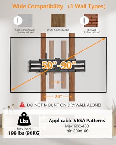 Heavy Duty Long Arm TV Wall Mount with 43" Dual Articulating Arms for Most 50-90 inch Screens, Full Motion TV Mount Swivel Tilt tv Bracket Holds 198lbs,16”,18”,24” Studs VESA 600x400MM FORGING MOUNT - Image 4