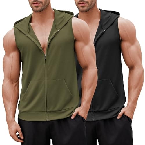 COOFANDY Men's Workout Tanks Pack Sleeveless Athletic Hoodies for Men Zip Up Hooded Muscle Shirts Black and Army Green XXL - Image 1