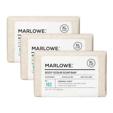 MARLOWE. No. 102 Body Scrub Soap 7 oz (3 Bars), Exfoliating Soap Bar with Shea Butter, Olive Oil & Green Tea Extracts, Cleanses, Smooths & Revitalizes Skin, Original Sage & Fir Scent - Image 1
