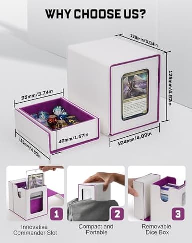 ZLCA MTG Commander Deck Box with Display Window, Card Deck Box Holds 100 Double-Sleeved Cards with Dice Tray & 35pt Magnetic Card Holder(White& Purple) - Image 4