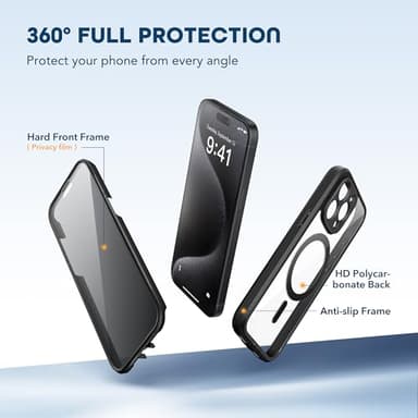 TIESZEN for iPhone 15 Pro Max Case, Compatible with MagSafe, Built-in Privacy Screen Protector and Camera Protection, Anti Spy Full Body Dustproof Shockproof Hard Phone Case 6.7", Black - Image 3