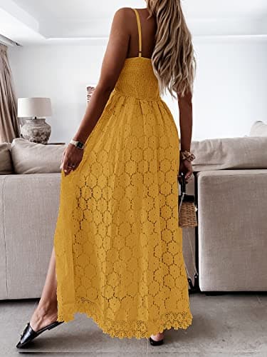 CUPSHE Summer Women Slip Ruching Smocking Jumpsuit Dress V Neck Speghetti Straps Backless Maxi High Low Yellow, L - Image 2