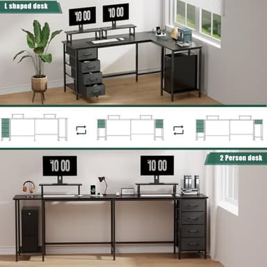 Korfile 59 inch L Shaped Computer Desk with Power Outlets, Home Office Desk with 4 Adjustable Storage Drawers & 2 Monitor Stands, Two Person Gaming Table for Bedroom, Black - Image 7