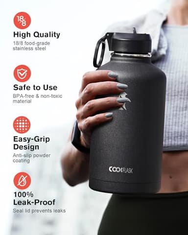 64 oz Water Bottle Insulated with Straw & 3 Lids, Coolflask Large Metal Stainless Steel Water Jug Big Half Gallon Wide Mouth for Sports, Gym or Office, Non-BPA Keep Cold 48H Hot 24H, Magic Black - Image 3