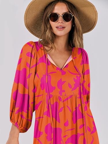 ANRABESS Womens Boho Maxi Dresses 2025 Summer V Neck Puff Sleeve Floral Flowy Swing Casual Long Dress Orange Rose Floral XX-Large - Image 4