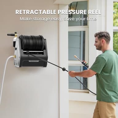 Giraffe Tools Grandfalls Pressure Washer, Max 2900 PSI, 2.2 GPM Electric Wall Mounted Power Washer with 100ft Retractable Pressure Hose, Foam Cannon, 4-Nozzles for Car/Driveways/Patios, Light Silver - Image 4