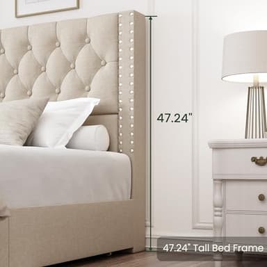 LARMACE King Size Bed Frame with 4 Storage Drawers and Tufted Headboard Linen Upholstered Platform Bed Frame with Heavy Duty Wood Slats, No Box Spring Needed, Easy Assembly, Beige - Image 9