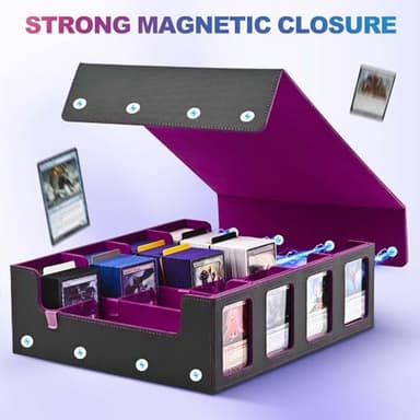 UAONO Trading Card Storage Box with Commander Display; 2400+ Deck Box for MTG with Removable Cover; Toploader Card Case fits Magic TCG PTCG Sports Cards; 24 Dividers, 4 Stoppers (Black, Purple) - Image 7