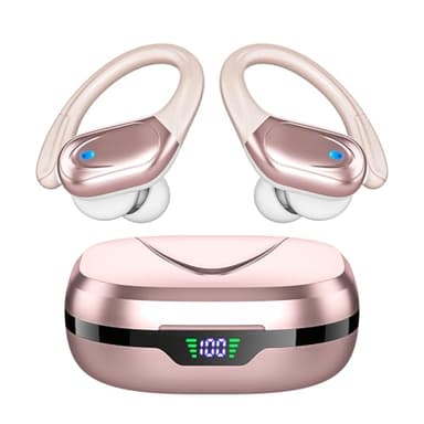 Bcaikair Wireless Earbuds, Sports Bluetooth Headphones, Ear Buds with 80hr Playtime, Noise Canceling, LED Power Display, IPX7 Waterproof Earphones for Workout/Running Rose Gold - Image 1