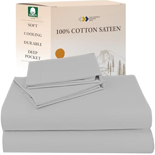 California Design Den Queen Sheet Set - Natural 100% Cotton Sheets Queen Size Bed Set with Deep Pockets, Soft Sateen Weave, Breathable, Cooling and Durable Bedding (Light Grey) - Image 1
