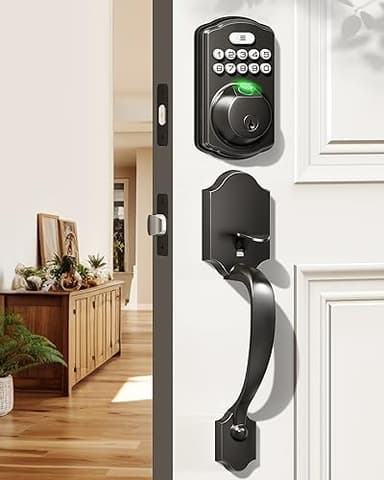 Veise Fingerprint Door Lock Set, Keyless Entry Door Lock, Front Handle Set, Electronic Keypad Deadbolt with Lever Handle, 2 Keys, Auto-Locking, One-time Codes, Easy to Install, Matte Black - Image 1