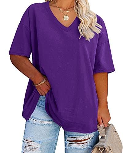 Women's Plus Size V Neck T Shirts Summer Half Sleeve Tees Casual Loose Fit Cotton Tunic Tops Purple - Image 1