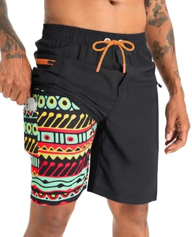 APTRO 2 in 1 Men's Swim Trunks 9" with Zipper Pockets Bathing Suit Built-in Board Shorts Swimwear Long Shorts Multicolor 1X - Image 1