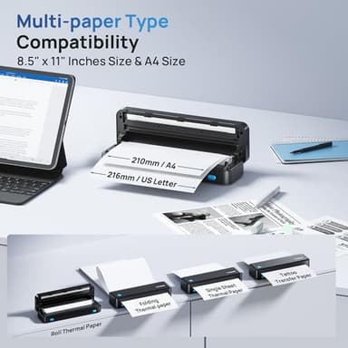 TYPONOS Portable Printers, D820 Wireless Bluetooth Printers Support 2" to 8.5" Width Thermal Paper & 8.5"x11" US Letter Size, Receipt Printers for Home Use Suitable for Phone & PC (Black) - Image 4