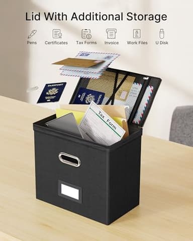 Oterri 2 Pack File Organizer Boxes with Lids, File Box with Mesh Pockets, Document Organizer Box for File Folders Letter Size, Zippers Filing Box for Home, Office, School (Black, Without Folders) - Image 2