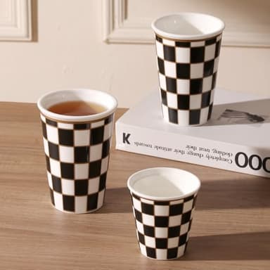 Porlien Checker Porcelain Cup Set of 4 (2 of 6-ounce Coffee Mugs and 2 of 13-ounce Cups) for Coffee Tea Cappucino, Handless Ceramic Mugs for Family - Image 3