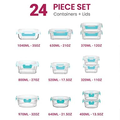 FineDine 24 Piece Glass Storage Containers with Lids - Leak Proof, Dishwasher Safe Glass Food Storage Containers for Meal Prep or Leftovers, Teal - Image 2