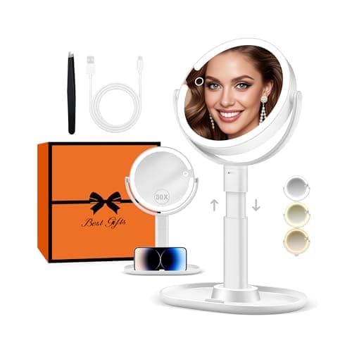 B Beauty Planet Makeup Mirror with Lights, Lighted Magnifying Mirror 30X with 3 Lighting and Adjustable Brightness, 2-Sided Height Adjustable Vanity Mirror for Bathroom, Gifts for Women White - Image 1