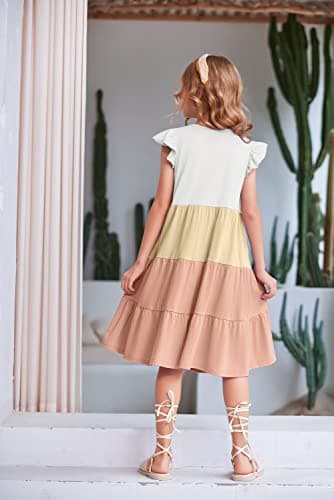 Arshiner Girls Summer Dress Ruffle Sleeve Flared Flowy Pleated Midi Cotton Casual Sundress with Pockets White & Pink 8-9 Years - Image 4