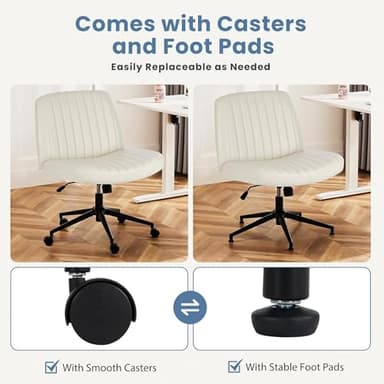 DUMOS Criss Cross Chair with Wheels, Legged Office Armless Wide Desk Seat Dual-Purpose Base, Adjustable Swivel Leather Task Vanity Home Office Desk Seating, Cream - Image 3