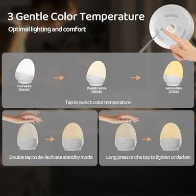 ZUZUKID Touch Egg Night Light for Baby Nursery, Rechargeable Portable Kids Nightlight Lamp with 1-6H Feeding Timer, 3 Color Temperatures Dimmable, Ideal for New Moms of Toddlers - Image 5