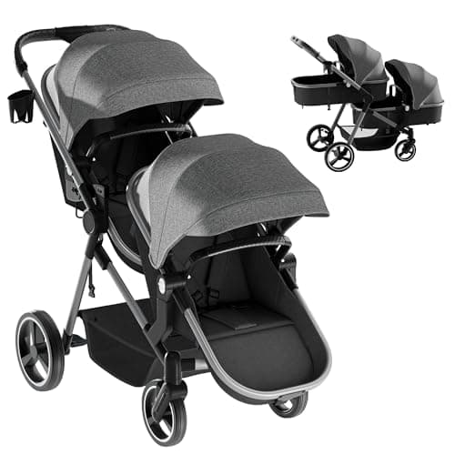 MU Double Stroller, Foldable Twin Tandem Stroller with Adjustable Backrest, Reversible Seat, 5-Point Harness, Storage Basket, Convertible Baby Bassinet for Infant and Toddler, Gray - Image 1