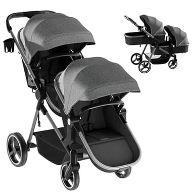 MU Double Stroller, Foldable Twin Tandem Stroller with Adjustable Backrest, Reversible Seat, 5-Point Harness, Storage Basket, Convertible Baby Bassinet for Infant and Toddler, Gray - Image 1