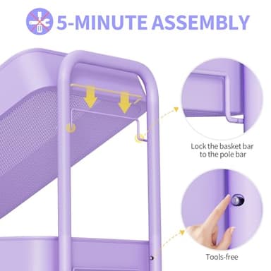 TOOLF 3-Tier Metal Rolling Cart with Wheels, Storage Utility Organizer Cart for Kitchen, Bathroom, Office, Baby Essentials & Makeup - Lockable Casters, Easy Assembly, Large Capacity, Purple - Image 3