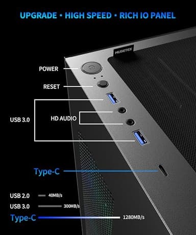 MUSETEX ATX PC Case 7 PWM ARGB Fans Pre-Installed, Type-C Mid Tower Computer Case with Full-View Dual Tempered Glass, Gaming PC Case, Black(K2) - Image 5