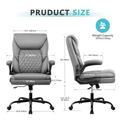 BestEra Office Chair, Executive Leather Chair Home Office Desk Chairs, Ergonomic Computer Desk Chair with Adjustable Flip-Up Arms, Lumber Support Swivel Task Chair with Rocking Function (Gray) - Image 3