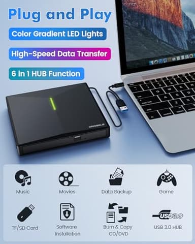 ORIGBELIE External CD DVD Drive with 4 USB Ports and 2 TF/SD Card Slots, USB 3.0 Portable CD/DVD Disk Drive Player Burner Reader Writer for Laptop MacBook Desktop PC Windows 11/10/8/7 Linux Mac OS - Image 2