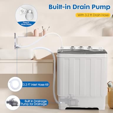 Dawmilon Portable Washing Machine Twin Tub - 28lbs Compact Washer (18lbs) and Spinner Dryer (10lbs) Combo with Drain Pump - Semi Automatic Washing Machine for Apartments, Dorms, RVs, Camping - Grey - Image 6