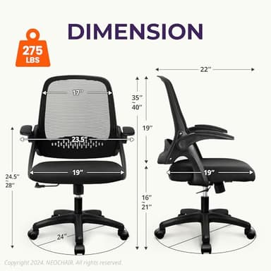 NEO CHAIR Office Desk Computer Gaming Ergonomic Chair with Lumbar Back Support Adjustable Height Swivel Wheels Flip-up Arms Mesh Chair for Home or Office (Black) - Image 2