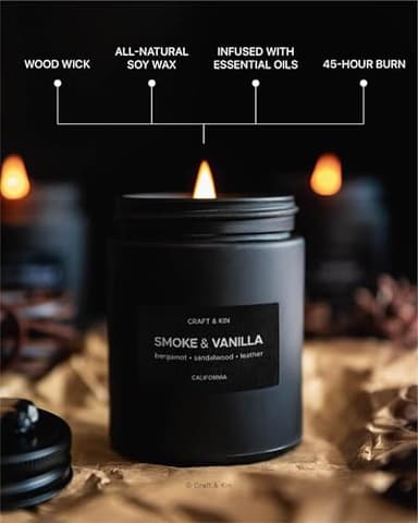 Craft & Kin Premium Smoke & Vanilla Candle | Black Fall Scented Candles for Men | Long Lasting with 45 Hour Burn Time, 7.6oz | Made with Soy | Aromatherapy at Home | Gifts for Men - Image 4