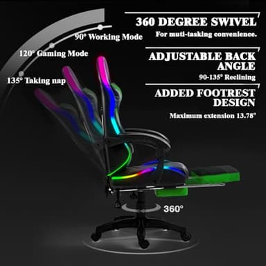 Czlolo Gaming Chair, Racing Style RGB LED Lights Gaming Chairs for Adults and Kids, Lumbar Massager Gamer Chair, High Back Reclining Computer Chair with Footrest and Headrest (Black/Green) - Image 5